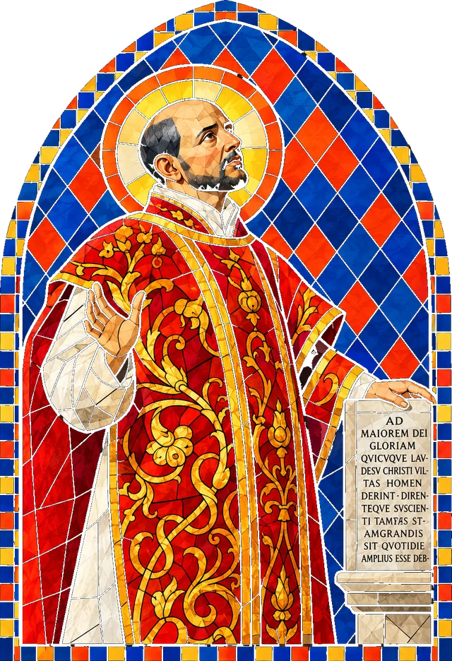 Santo Inácio de Loyola em vitral, de casula vermelha, ao lado da inscrição Ad Maiorem Dei Gloriam