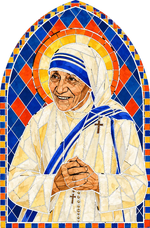 Santa Teresa de Calcutá em vitral, de sári branco e azul, com as mãos postas sobre um terço